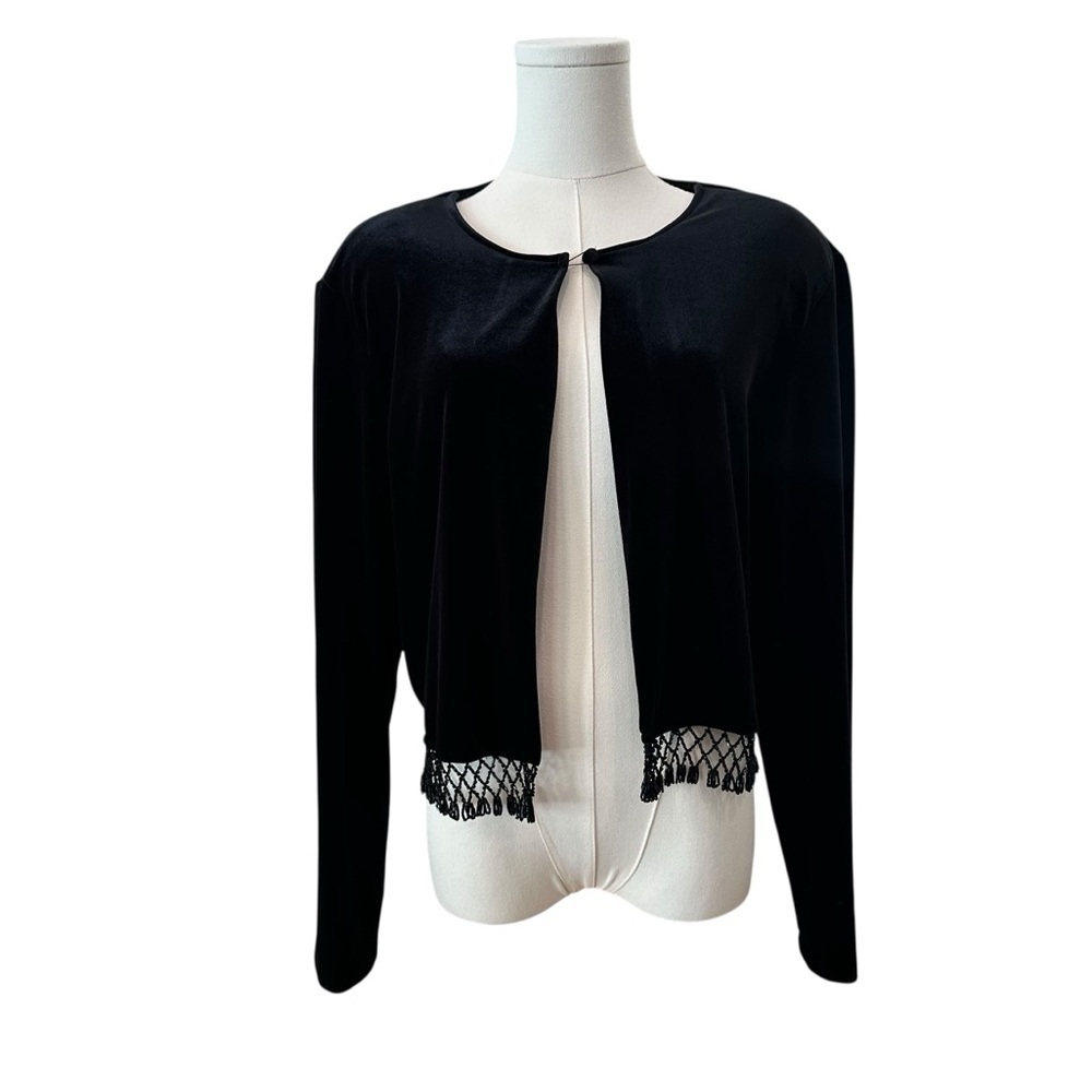 Women's Large Black Velvet Cropped Beaded Tassel Formal Party Cocktail Cardigan